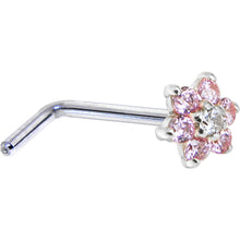 Load image into Gallery viewer, Solid 14K White Gold Pink and Clear Cubic Zirconia Flower Nose Ring