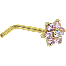 Load image into Gallery viewer, Solid 14K Yellow Gold Pink and Clear Cubic Zirconia Flower Nose Ring