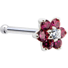 Load image into Gallery viewer, Solid 14K White Gold Red and Clear Cubic Zirconia Flower Nose Ring