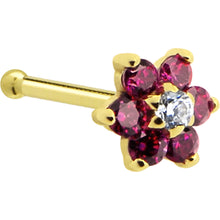Load image into Gallery viewer, Solid 14K Yellow Gold Red and Clear Cubic Zirconia Flower Nose Ring