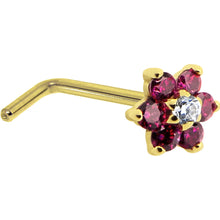 Load image into Gallery viewer, Solid 14K Yellow Gold Red and Clear Cubic Zirconia Flower Nose Ring