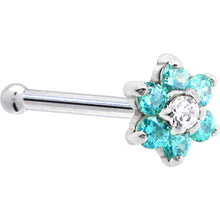 Load image into Gallery viewer, Solid 14K White Gold Mint Green and Clear Cubic Zirconia Flower Nose Ring