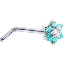 Load image into Gallery viewer, Solid 14K White Gold Mint Green and Clear Cubic Zirconia Flower Nose Ring