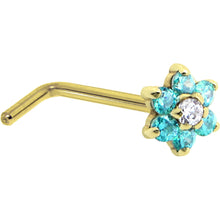 Load image into Gallery viewer, Solid 14K Yellow Gold Mint Green and Clear Cubic Zirconia Flower Nose Ring