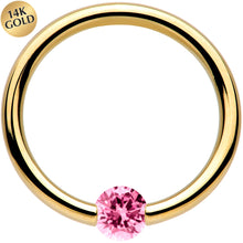 Load image into Gallery viewer, 16G 3/8 Solid 14k Yellow Gold 3mm Pink Cubic Zirconia Tension Captive Ring