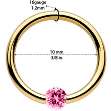 Load image into Gallery viewer, 16G 3/8 Solid 14k Yellow Gold 3mm Pink Cubic Zirconia Tension Captive Ring