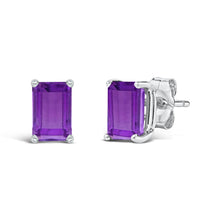 Load image into Gallery viewer, 14K White Gold 6x4MM Emerald Shaped Amethyst Solitaire Stud Earrings