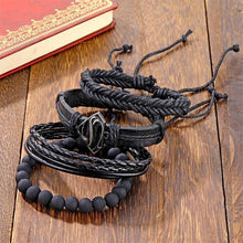 Load image into Gallery viewer, Vintage Black Bead Bracelets For Men Fashion Hollow Triangle Leather Bracelet & Bangles Multilayer Wide Wrap Jewelry For Men and Women