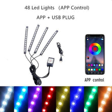 Load image into Gallery viewer, Interior Car Lights LED Car Strip Lights with Two-Line Waterproof Design RGB LED Strip Light With USB Wireless Remote Music Control Multiple Modes and Music Sync Under Dash Car Lighting with Car Charger, DC 12V