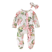 将图片加载到图库查看器,Modern Interesting Luxury Floral Newborn Baby Girl Clothes Infant Baby Girl Footed Full Sleeve Outfit Romper Jumpsuit With Big Bow In Modern Design