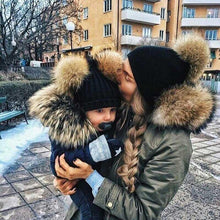 将图片加载到图库查看器,Fashion Parent-child Caps Cute Infant Baby Pom Pom Cap Winter Double Fur Ball Hat Baby Mom Warm Knitted Hat