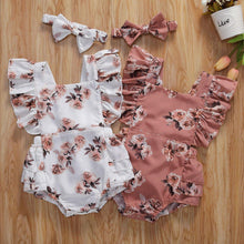 Load image into Gallery viewer, Modern 0-24M Newborn Baby Girls Flowers Print Ruffles Short Sleeve Jumpsuits Headband For Girls