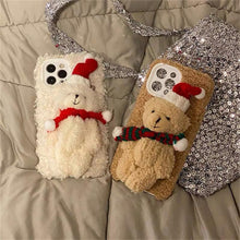 Load image into Gallery viewer, Cute Fluffy Santa 3D Teddy Bear Plush Christmas Case For Iphone 13 12 11 Pro Xs Max X Xr 7 8 Plus Se3 Shockproof Soft Cover Super Soft Winter Warm Funny Rabbit Ears Faux Fur Plush Fluffy Cover