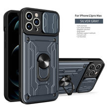 将图片加载到图库查看器,Heavy Duty Armor Case Card Pocket for iPhone 11 Pro 7 8 Plus Magnetic Phone Holder Cover Slide Lens Protection Design Card Holder Slot With Rotating Ring Armor Bumper Shockproof Case