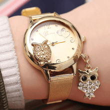 Load image into Gallery viewer, STEVVEX Gold Watch Brand Quartz Women Rose Gold Stainless Steel Mesh Belt Ladies Wristwatch Female Clock Owl (Gold) For Women and Girls