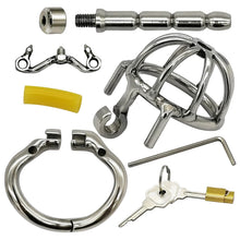 Load image into Gallery viewer, Happygo Stainless Steel Chastity Device with Urethral Catheter and Anti-Shedding Ring,Cock Cage,Penis Ring,S055-2