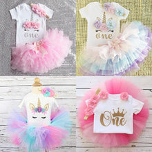 Load image into Gallery viewer, Modern Birthday Outfit Ensemble One Year Little Girl Dress Clothing Baby Child Summer Clothes With Unicorn Dress Design For Girls