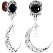 Load image into Gallery viewer, Handmade Beechwood Dark Crescent Moon Dangle Saddle Plug Set Sizes 8mm to 20mm