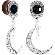 Load image into Gallery viewer, Handmade Beechwood Dark Crescent Moon Dangle Saddle Plug Set Sizes 8mm to 20mm
