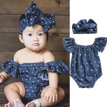 将图片加载到图库查看器,Modern Infant Baby Girls Bodysuits Headband 2PCS Hearts Love Short Sleeve Off Shoulder Jumpsuits Summer Causal Set WIth Big Bow