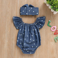 将图片加载到图库查看器,Modern Infant Baby Girls Bodysuits Headband 2PCS Hearts Love Short Sleeve Off Shoulder Jumpsuits Summer Causal Set WIth Big Bow