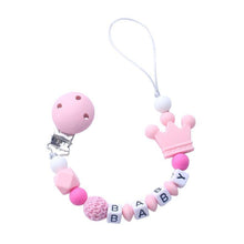 Load image into Gallery viewer, Pink Silicone Personalised Name Baby Pacifier Clips Crochet Beads Silicone Crown Pacifier Chain Holder For Kids and Baby Pacifier