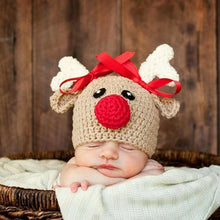 Load image into Gallery viewer, Luxury Handmade Christmas Newborn Infant Baby Boys and Girls Hats Cartoon Crochet Knitted Bowknot Deer Baby Cap For Winter