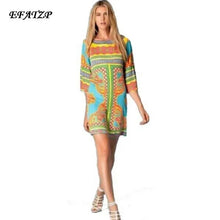 将图片加载到图库查看器,EFATZP Autumn Brand Jersey Silk Dress Women's 3/4 Sleeves Colorful Geometric Print Knee Length Dress