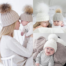 将图片加载到图库查看器,2Pcs Modern Mother & Baby Child Warm Winter Beanie Fur Pom Hat Crochet Ski Cap For Winter