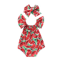Load image into Gallery viewer, 2PCS Newborn Baby Girl Watermelon Summer Cute Bodysuit Jumpsuit Outfit WIth Bow For Girls