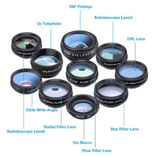 Load image into Gallery viewer, APEXEL 10in1 Phone Camera Lens Kit Fisheye Wide Angle Telescope Macro Mobile Lenses For iPhone Samsung Redmi 7 Huawei Cell Phone