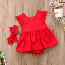 Load image into Gallery viewer, Modern Baby Girl Ruffle Red Lace Romper Party Cotton Dresses with a headband for Newborn And Girls 0-24Months