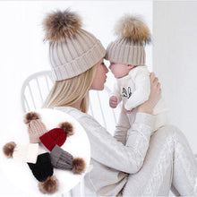 将图片加载到图库查看器,2Pcs Modern Mother & Baby Child Warm Winter Beanie Fur Pom Hat Crochet Ski Cap For Winter