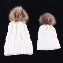 将图片加载到图库查看器,2Pcs Modern Mother & Baby Child Warm Winter Beanie Fur Pom Hat Crochet Ski Cap For Winter
