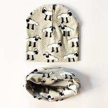 将图片加载到图库查看器,Modern Children Girls Cartoon Sheep Printing Cotton Hat and Scarf Animal Pattern Kids Caps Baby Beanie