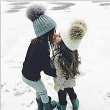 将图片加载到图库查看器,Fashion Parent-child Caps Cute Infant Baby Pom Pom Cap Winter Double Fur Ball Hat Baby Mom Warm Knitted Hat