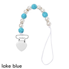 Load image into Gallery viewer, Handmade Shiny Pacifier Clip Chain Infant Nipple Holder Wooden Beaded Crystal Nipple Leash Strap Metal Pacifier Clips For Baby