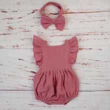 Load image into Gallery viewer, Cotton Baby Girl Double Ruffle Romper Jumpsuit with Headband Playsuit For Newborn With Bow