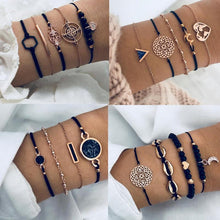 将图片加载到图库查看器,Bohemian Black Beads Chain Bracelets Bangles For Women Fashion Heart Compass Gold Color Bracelets Sets Luxury Jewelry Gifts