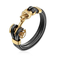 将图片加载到图库查看器,Genuine Leather Anchor Bracelet Men Lion Double Wolf Shackles Stainless Steel Charm Bracelets Wristband Fashion Jewelry