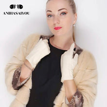 将图片加载到图库查看器,White leather women's gloves, Genuine Leather, cotton lining warm, Fashion leather gloves, leather gloves warm winter-2226