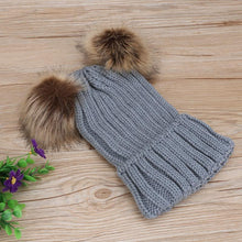 将图片加载到图库查看器,Fashion Parent-child Caps Cute Infant Baby Pom Pom Cap Winter Double Fur Ball Hat Baby Mom Warm Knitted Hat
