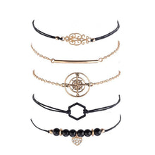 将图片加载到图库查看器,Bohemian Black Beads Chain Bracelets Bangles For Women Fashion Heart Compass Gold Color Bracelets Sets Luxury Jewelry Gifts