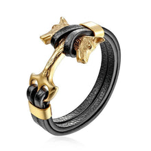 将图片加载到图库查看器,Genuine Leather Anchor Bracelet Men Lion Double Wolf Shackles Stainless Steel Charm Bracelets Wristband Fashion Jewelry