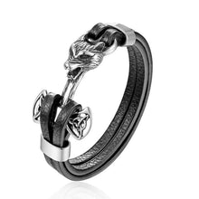 将图片加载到图库查看器,Genuine Leather Anchor Bracelet Men Lion Double Wolf Shackles Stainless Steel Charm Bracelets Wristband Fashion Jewelry