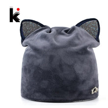 将图片加载到图库查看器,Autumn Winter Women's Beanies Cat Hat Ladies Warm Velvet Skullies Cap With Flashing Rhinestone Ear Flaps Girls Cute Bonnet Touca