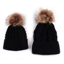 将图片加载到图库查看器,2Pcs Modern Mother & Baby Child Warm Winter Beanie Fur Pom Hat Crochet Ski Cap For Winter