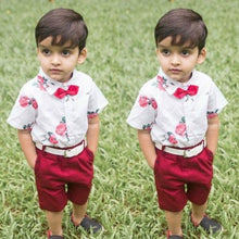 Load image into Gallery viewer, Floral Boy Gentleman Outfits Suit Short Sleeve Toddler Bow Tie Shirt Tops +Red Shorts Summer Set For Boy Kids Form 1-5 Years
