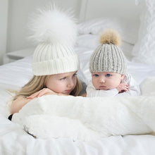 将图片加载到图库查看器,2Pcs Modern Mother & Baby Child Warm Winter Beanie Fur Pom Hat Crochet Ski Cap For Winter