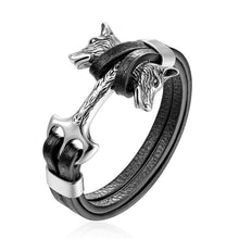 将图片加载到图库查看器,Genuine Leather Anchor Bracelet Men Lion Double Wolf Shackles Stainless Steel Charm Bracelets Wristband Fashion Jewelry